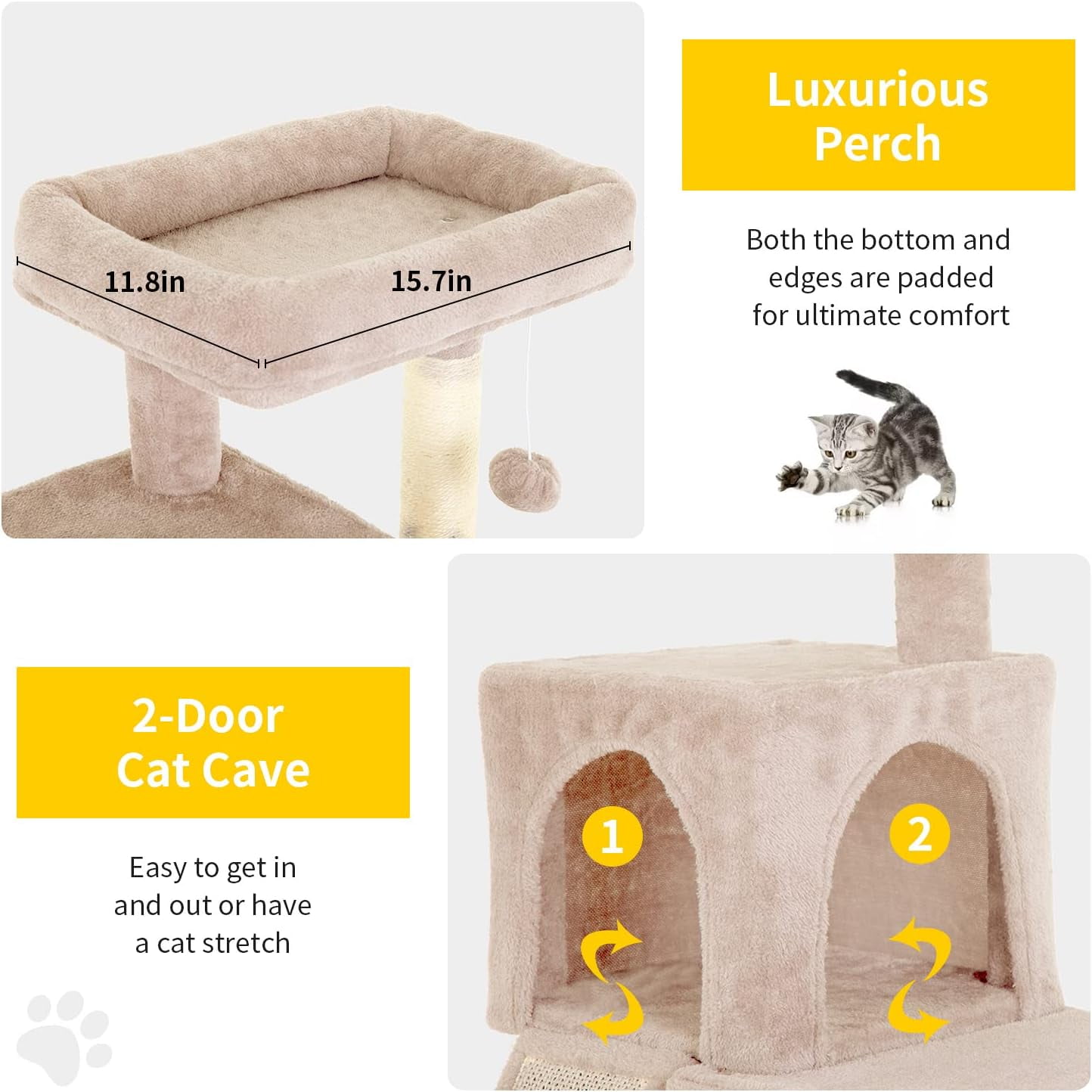 Dkelincs 36 inch Cat Tree Tower with Scratching Post & Dual Condos, Multi-Level Cat Furniture Condo Kittens House with Ramp, Perch & Hanging Ball, Beige