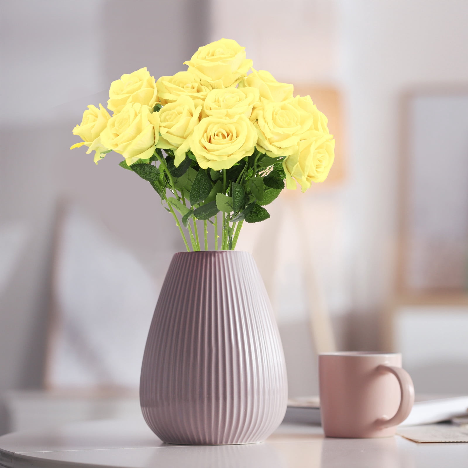 Uxcell 12 Pcs Pale Yellow Roses Artificial Flowers, Velvet Rose Real Touch Fake Roses with Stems