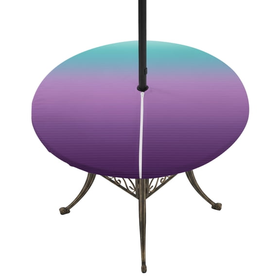 Round Outdoor Tablecloth with Umbrella Hole and Zipper, Teal Purple Ombre Fitted Table Cover with Elastic Edge for 55-60 Inch, Modern Geometric Striped Abstract Art Waterproof Patio Tablecoths