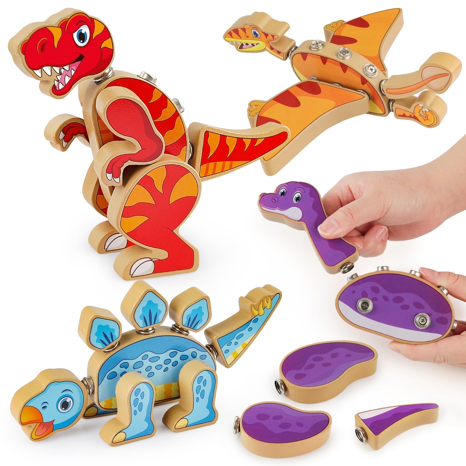 Coogam Dinosaur Building Block Set, Wooden Snap-Connection Dino