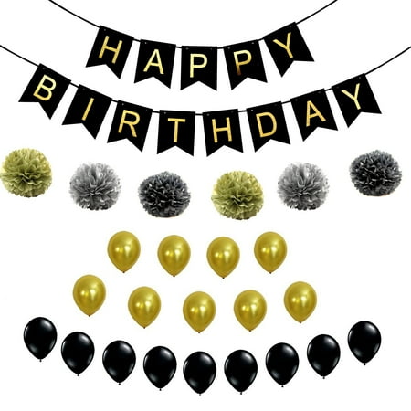 black and gold happy birthday decoration banner set best fluffy pom