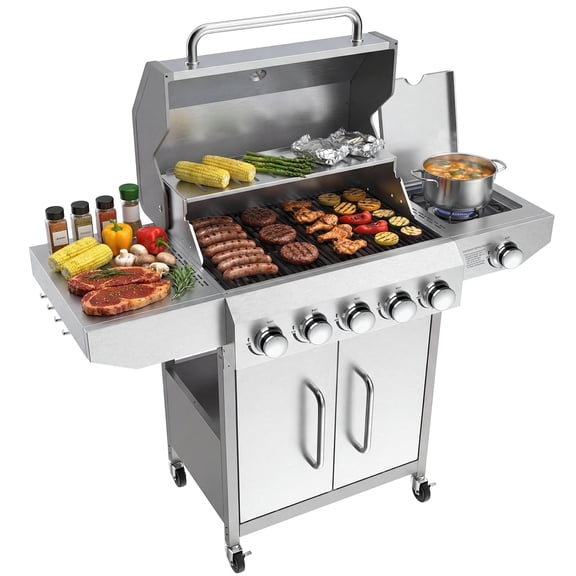 SIXDAY 68,000 BTU 5-Burner Propane Gas Grill with Side Burner, 647 sq.in Cooking Area, Stainless Steel BBQ Grill with Warming Rack and Food Clip