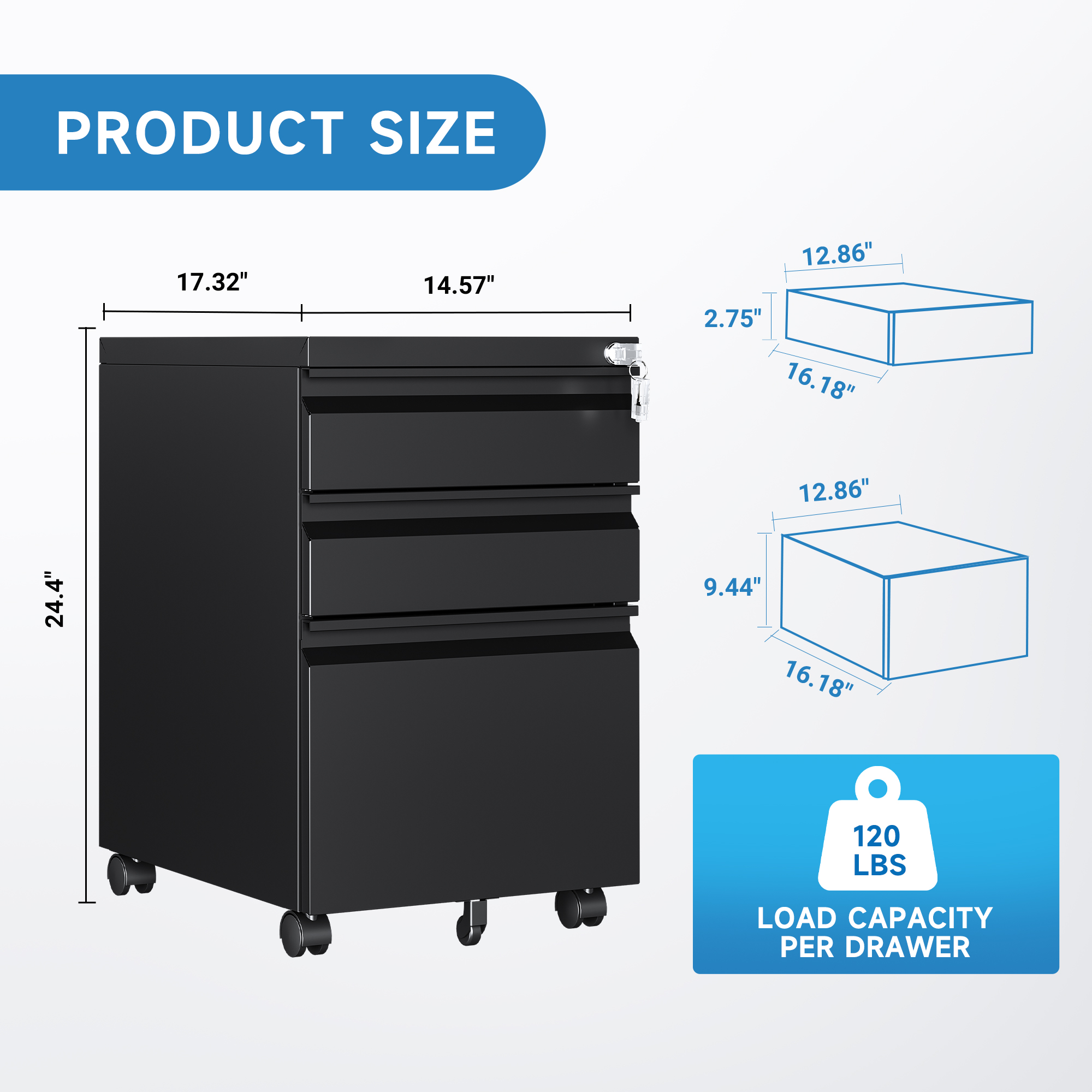 Fesbos 3 Drawer Mobile File Cabinet with Lock, Metal Rolling Filing Cabinets for Home Office, Fits Letter/Legal/A4 Size Files, Black, Assembly Required