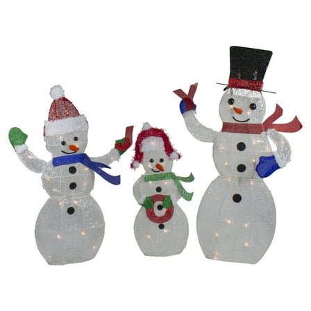 Northlight Lighted Glittering Mesh JOY Snowmen Outdoor Christmas Decoration - 29" - Set 3