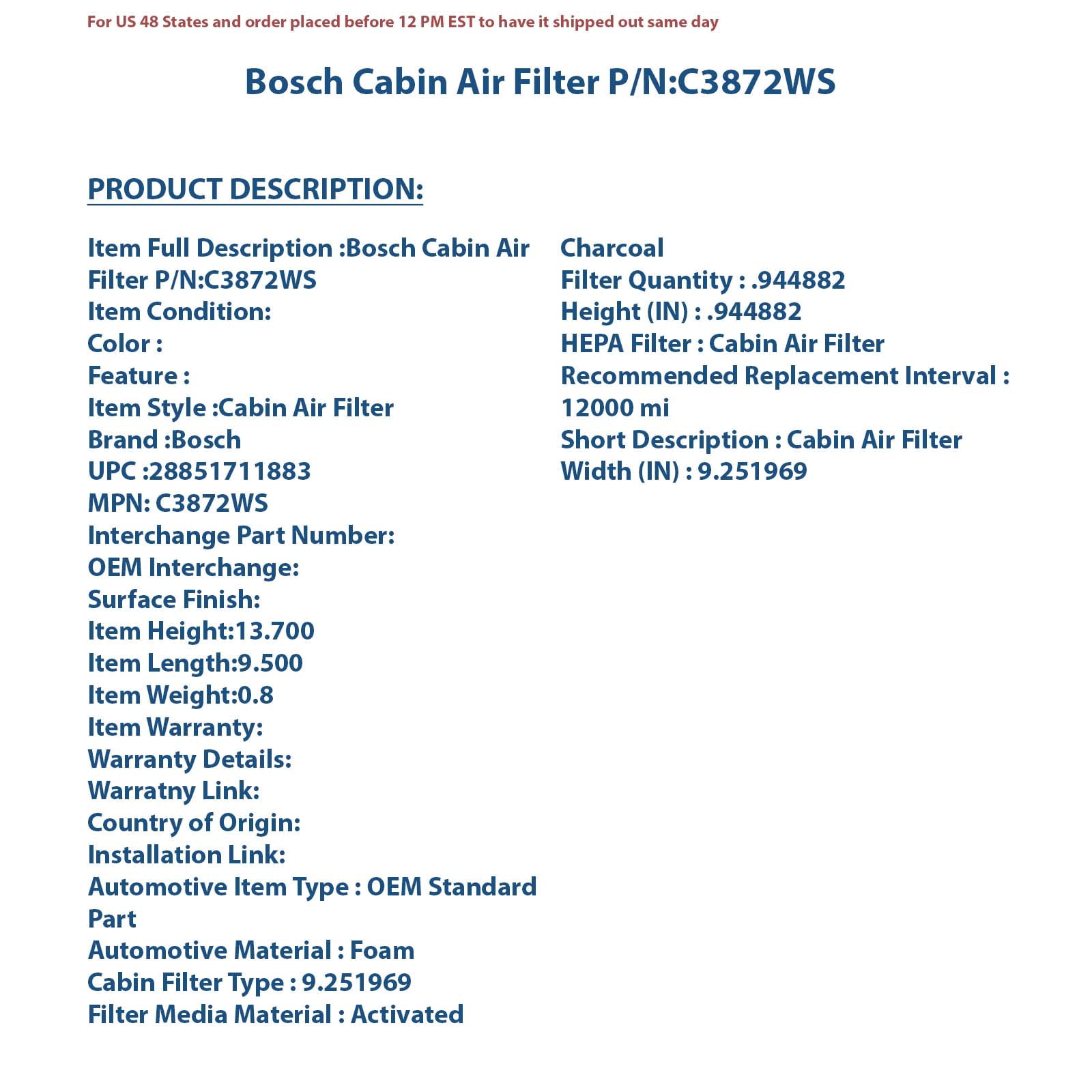 Bosch C3872WS Activated Carbon Cabin Filter Fits select: 2001-2007 DODGE GRAND CARAVAN, 2001-2007 CHRYSLER TOWN & COUNTRY