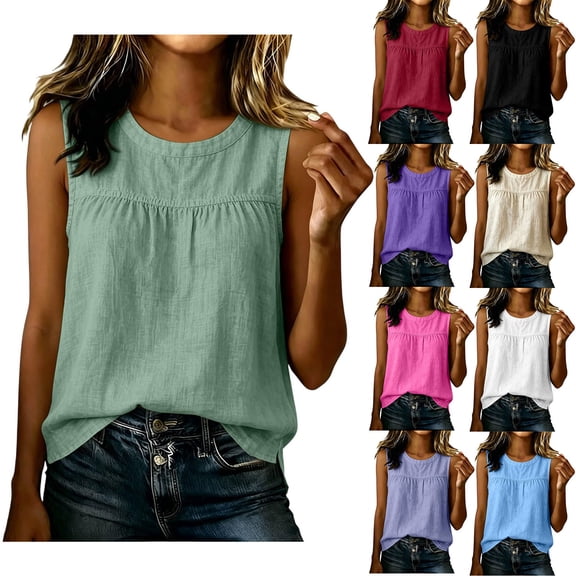 VJGBEGW Women's Cotton Linen Blend Tank Tops Summer Casual Loose Fit Round Neck Sleeveless Tops Summer Tops for Daily Wear and Vacation Beige L