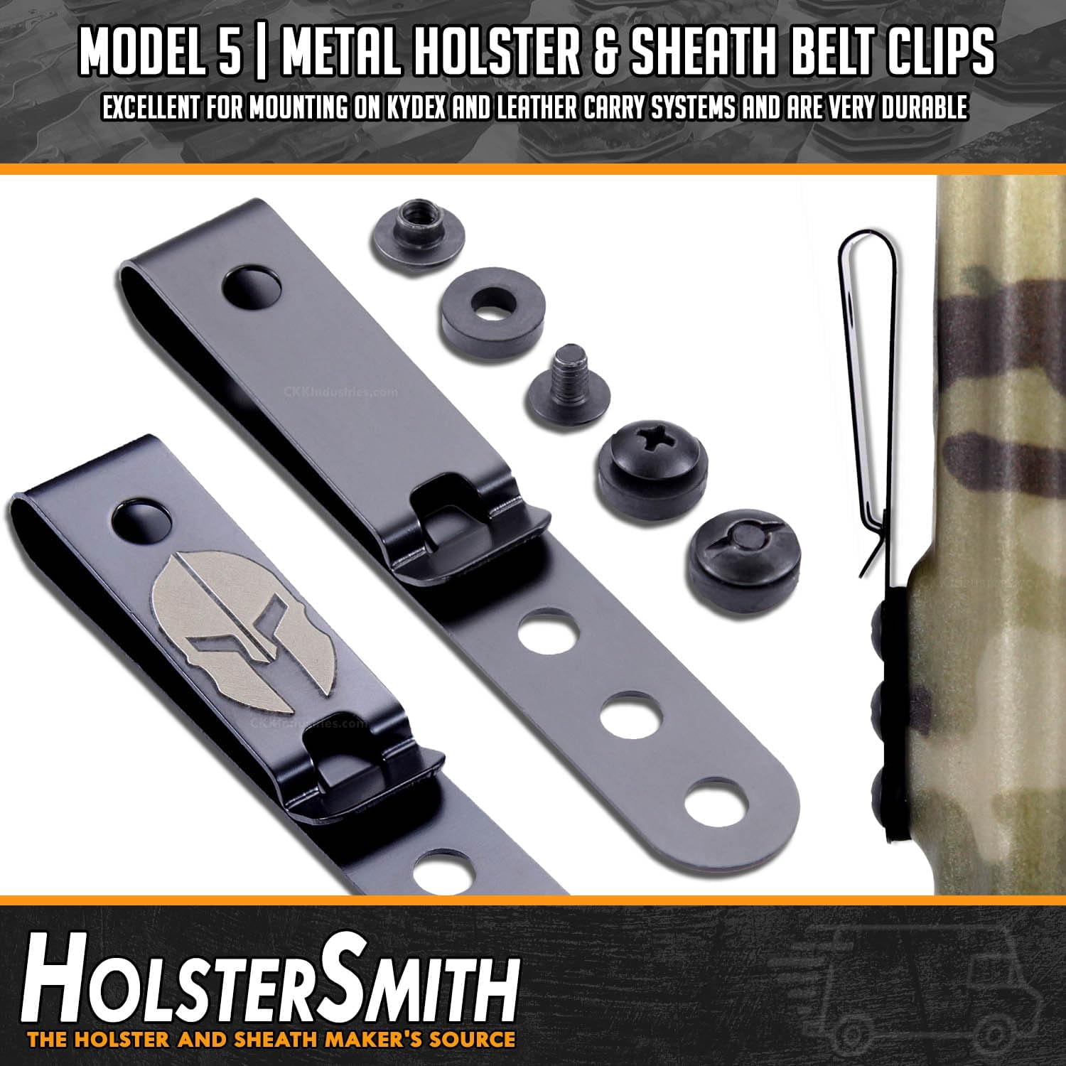 HolsterSmith Universal Metal Belt Clip for Holster Making - (Model 5) - (3-Hole) - (Tactical Black) - (w/SPTHA Mounting Hardware) - (2 Pack)