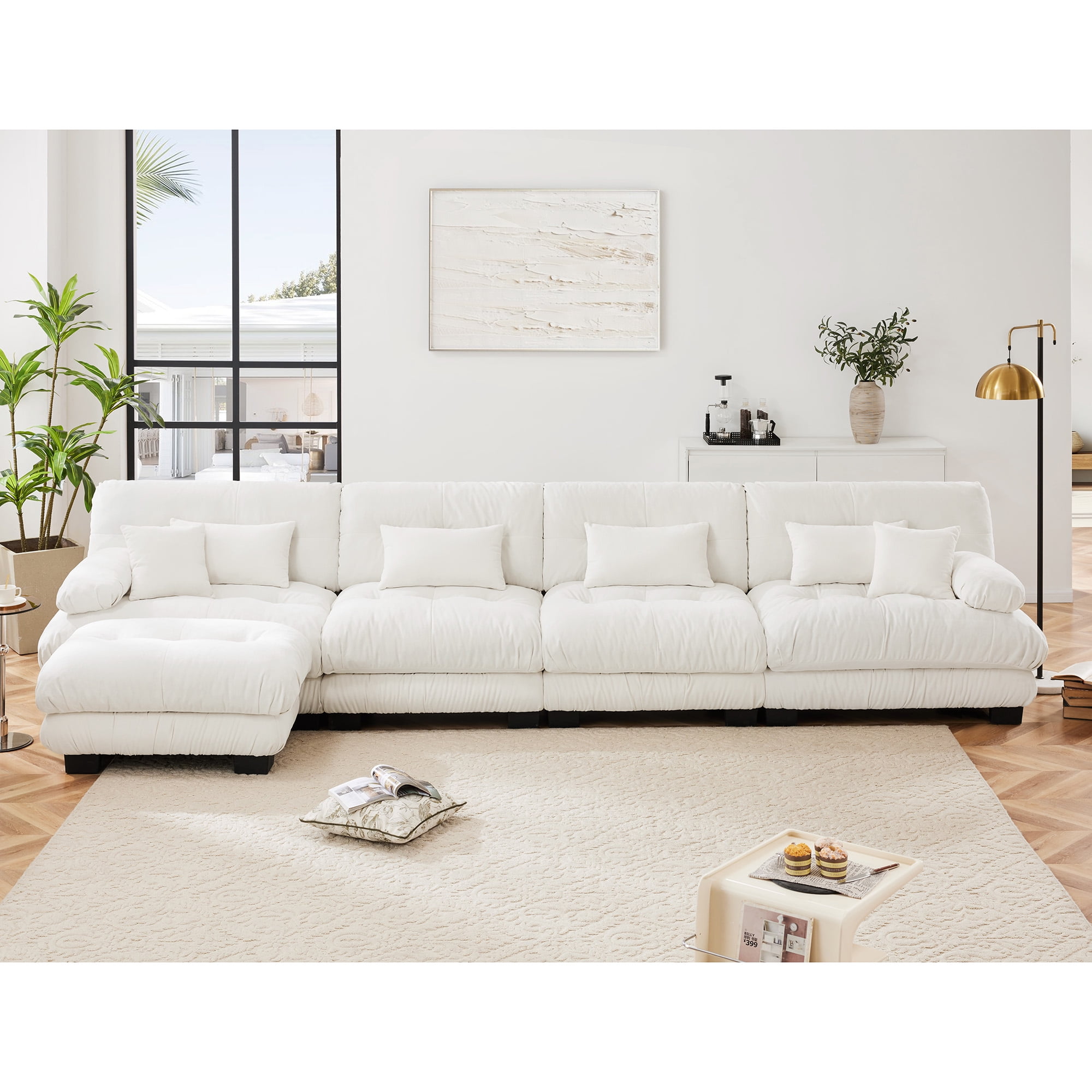 Gewnee Luxury 173.2" Modular L Shaped Sectional Sofa, Oversized Deep Seat Cloud Couch with Movable Ottoman, Lumbar Pillows & Throw Pillows, Chenille Sofa for Living Room, White