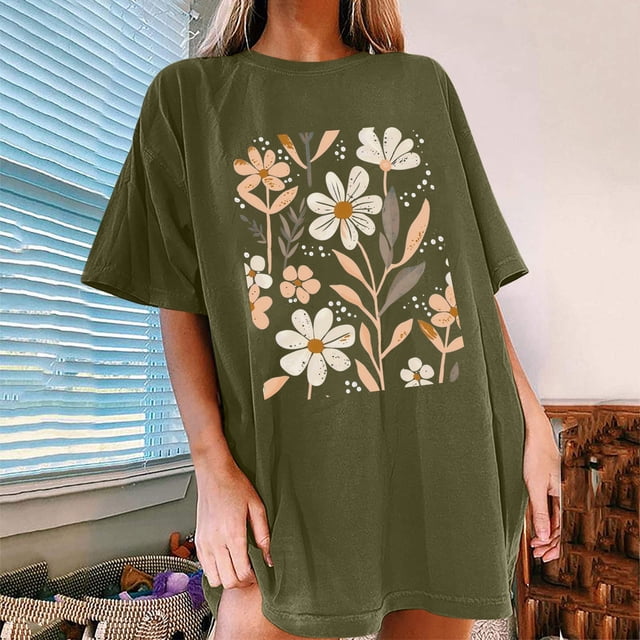 Fiudx Ropa de Mujer Camisetas Informales con Estampado de Flores para Mujer, Camisetas Extragrandes de Manga Corta