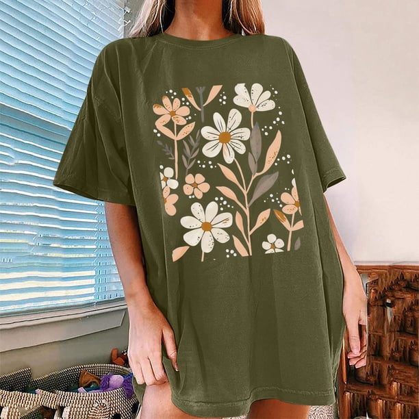Fiudx Liquidación de Ahorros de Verano Camisetas Informales con Estampado de Flores para Mujer, Camisetas Extragrandes de Manga Corta
