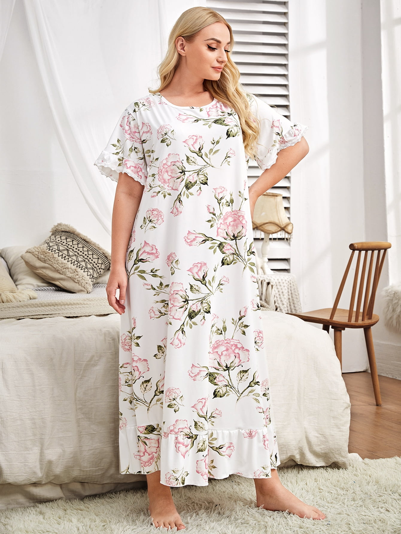 a.Jesdani Women's Plus Size Long Nightgowns Floral Print Flounce Sleeve