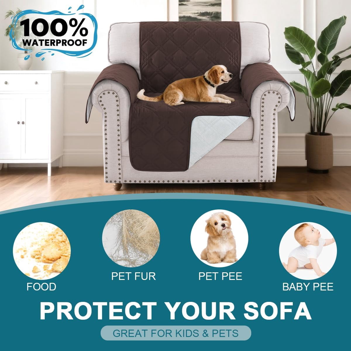Recliner Chair Covers, 100% Waterproof Sofa Covers Chair Cover Slipcover Couch Protector Triple Non-Slip Sofa Slipcover for 1 Cushion Furniture Protector for Pets, Kids, Dog (23", Chocolate)