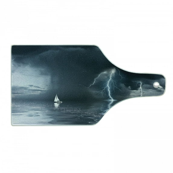 Sailboat Cutting Board, Yacht at the Ocean Comes Nearer a Thunderstorm Rain and Bolt Art Print, Decorative Tempered Glass Cutting and Serving Board, Wine Bottle Shape, Blue Grey, by Ambesonne