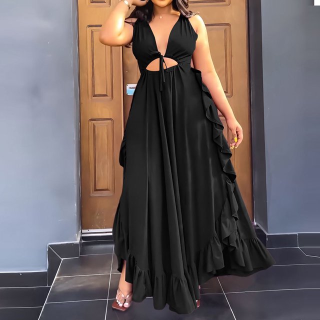 Fankiway Mode Femmes Robe Débardeur Sans Manches Col en V Été Confortable Couleur Décontractée Robes d'Été pour Femmes Liquidation Robes pour Femmes Grande Taille Liquidation