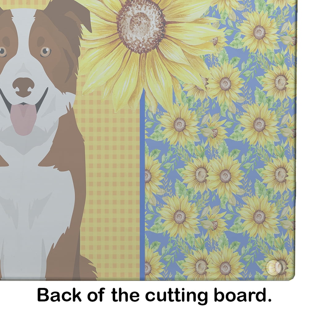 Summer Sunflowers Red and White Border Collie Glass Cutting Board Large 12 in x 15 in