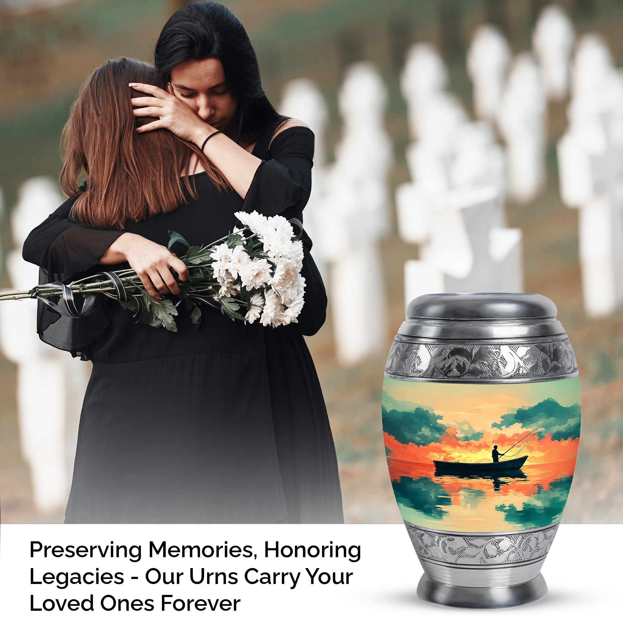 JAGASY Fishing Small Urn for Sister - Golden Urn for Ashes Adult Male & Female - Sunset Clouds Water Boat Decorative Urns - Mini Cremation Urns for Human Ashes keepsake - (3 Inch)