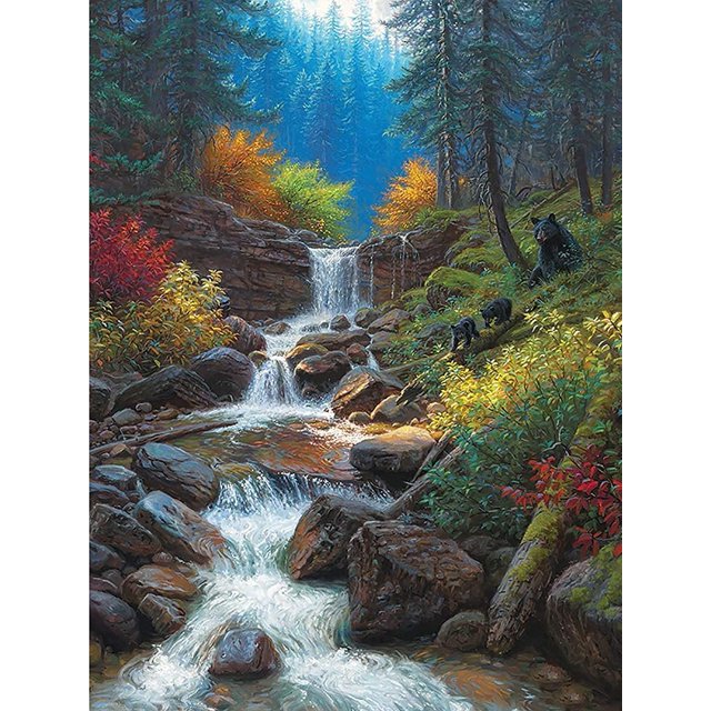 30x40 cm 5D DIY Pintura de Diamante Completa, Cascada Escénica Redonda, Lienzo de Diamantes de Imitación de Bricolaje Pintura de Punto de Cruz por Número para Decoración de Pared Adultos Niños