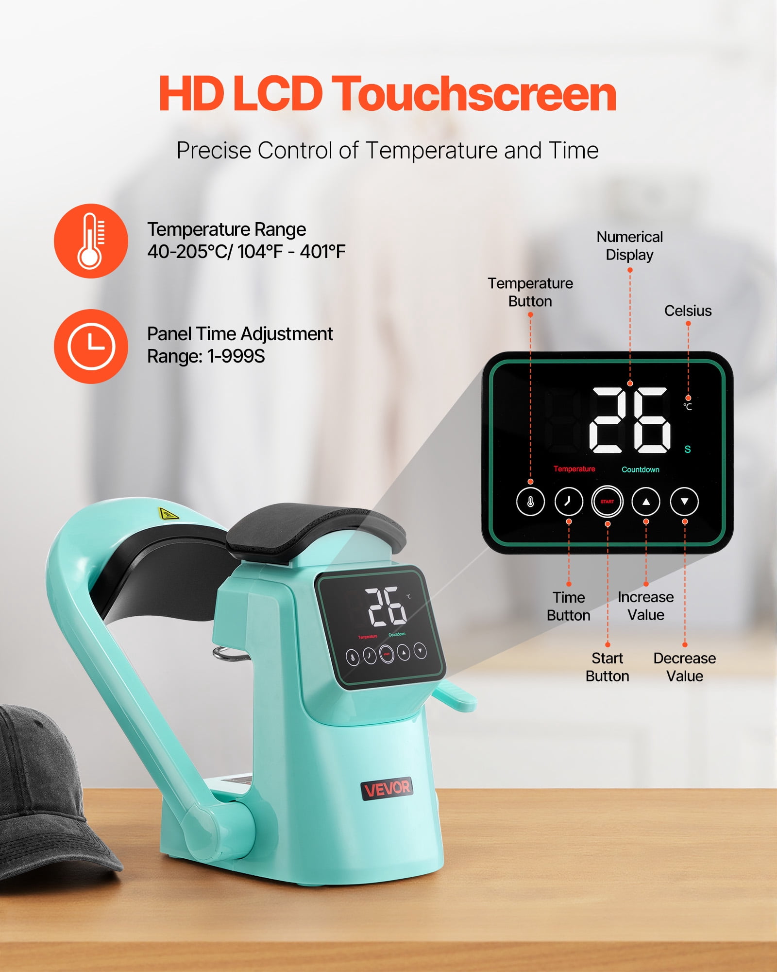 VEVOR Auto Hat Heat Press Machine, with 2pcs Interchangeable Platens, Automatic Open and Release, Touchscreen for Precise Time and Temperature Control, Heat Transfer Printing for Caps, Hats, Green