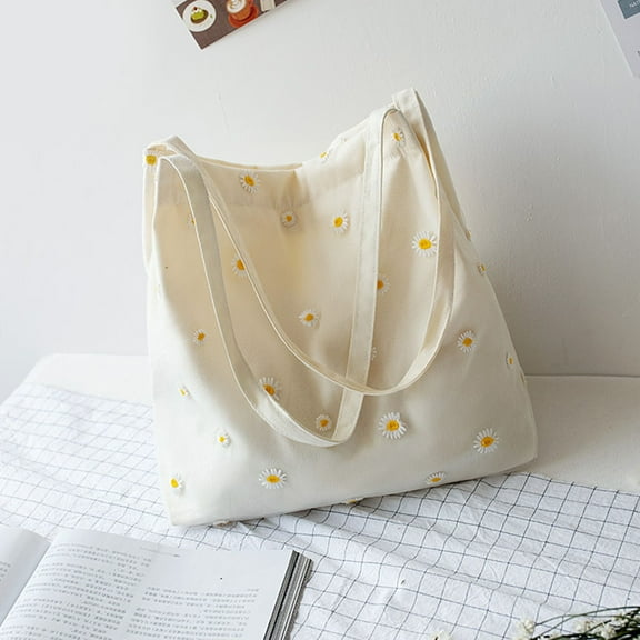 TRINGKY Fashion Shoulder Bags for Women's Female Shopper Bag Handbag Cute Embroidery Bag with Daisies Small Canvas Tote