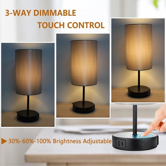 HiBay 2-Set 17.75" Touch Bedside Table Lamps with USB Charging Ports & AC Outlet, Industrial Black 3-Way Dimmable LED Nightstand Lights with Silver-Gray Shade for Bedroom Living Room Decor