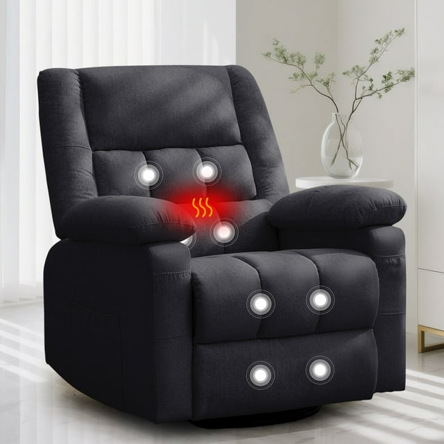 Korser Fauteuil Inclinable Pivotant à Bascule avec Massage en Lin pour Salon, Noir Foncé