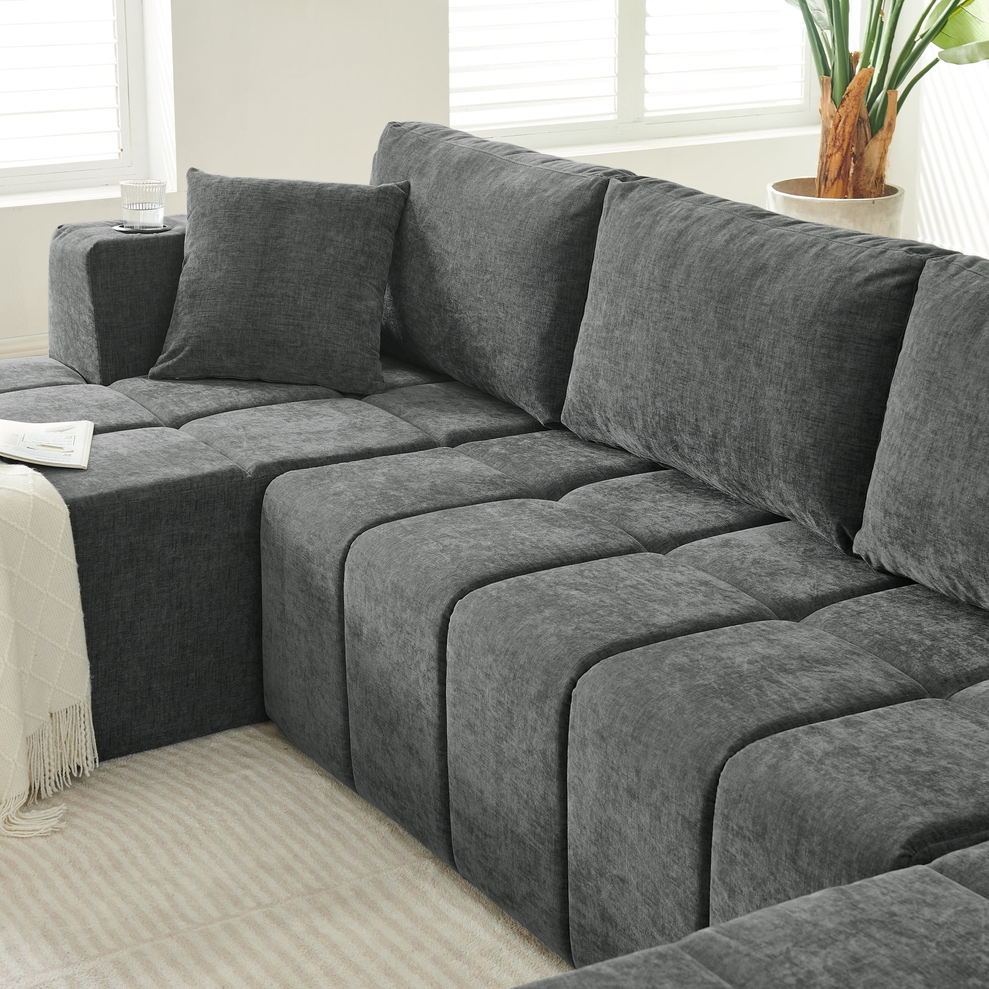 Leumius 132" U Shaped Sectional Sofa,Chenille Boneless Couch, Modern 4-Seat Upholstered Cloud Couch Sectional with Deep Seat and Cup Holders for Living Room,No Assembly Required,Dark Gray