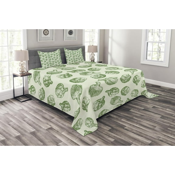 Ambesonne Artichoke Quilted Bedspread Set 3 Pcs, Green and Fresh Food, King Size, Fern Green