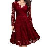 Enjiwell Women's Solid Color Lace Stitching V Neck Long Sleeve Midi Dress