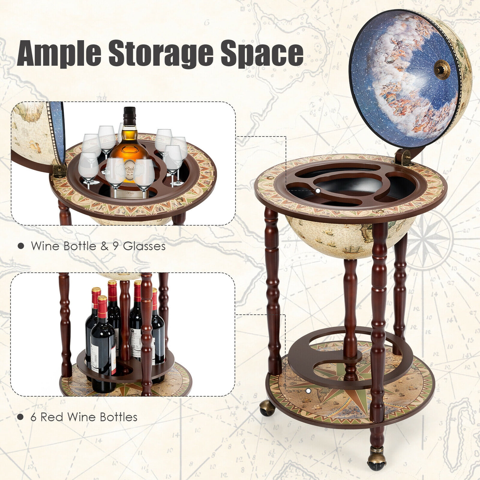 Gymax 16th Century Italian 17'' Wood Globe Wine Bar Stand Rack Liquor Bottle Shelf Cart