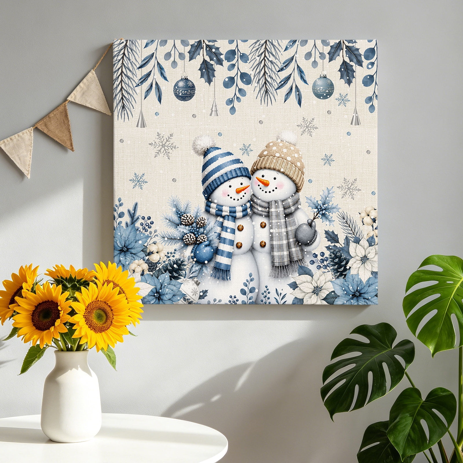 Christmas Snowmans Canvas Wall Art Blue White Poinsettia Pine Cones Linen Texture Pictures Wall Decor Wooden Framed Artwork Art Prints for Living Room Hallway Bedroom Office 8 x8