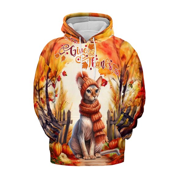 Happy Thanksgiving Sphynx Give Thanks Fall Beanie Scarf Welcome All Over Print 3D Hoodie Unisex Merch Hoodies Cat Lover Kitten Owner Gifts Idea - 00020