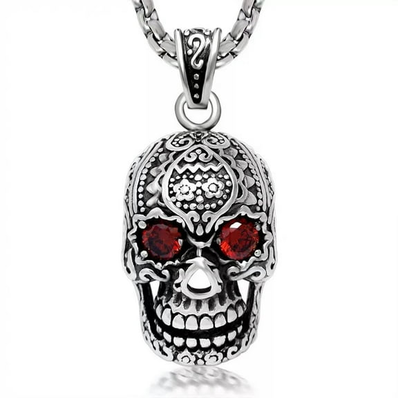 GKNET Men Retro Punk Red Rhinestone Eyes Skeleton Skull Pendant Necklace Biker Jewelry