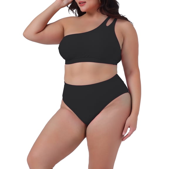 DARING DIVA Plus Size Women's Bikini Two Piece One Shoulder Swimsuit 1X Black