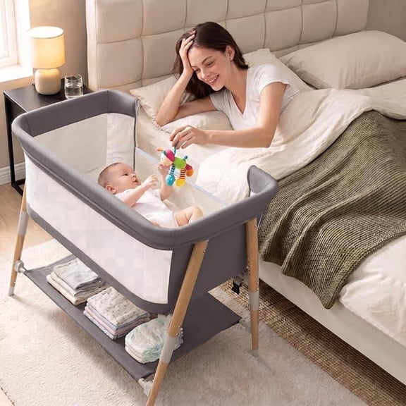 3 in 1 Baby Bedside Bassinet Sleeper for Newborn,Infant Crib with Adjustable 5 Height for Babies Girls Boys Toddlers,Grey