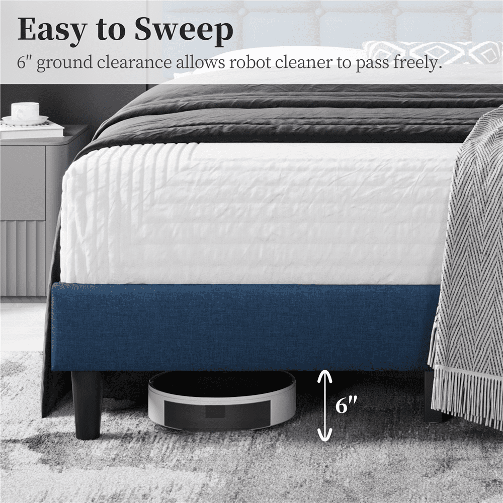 Fullfurnique Upholstered Platform Bed Frame with Square Tufted Headboard, Full, Navy Blue