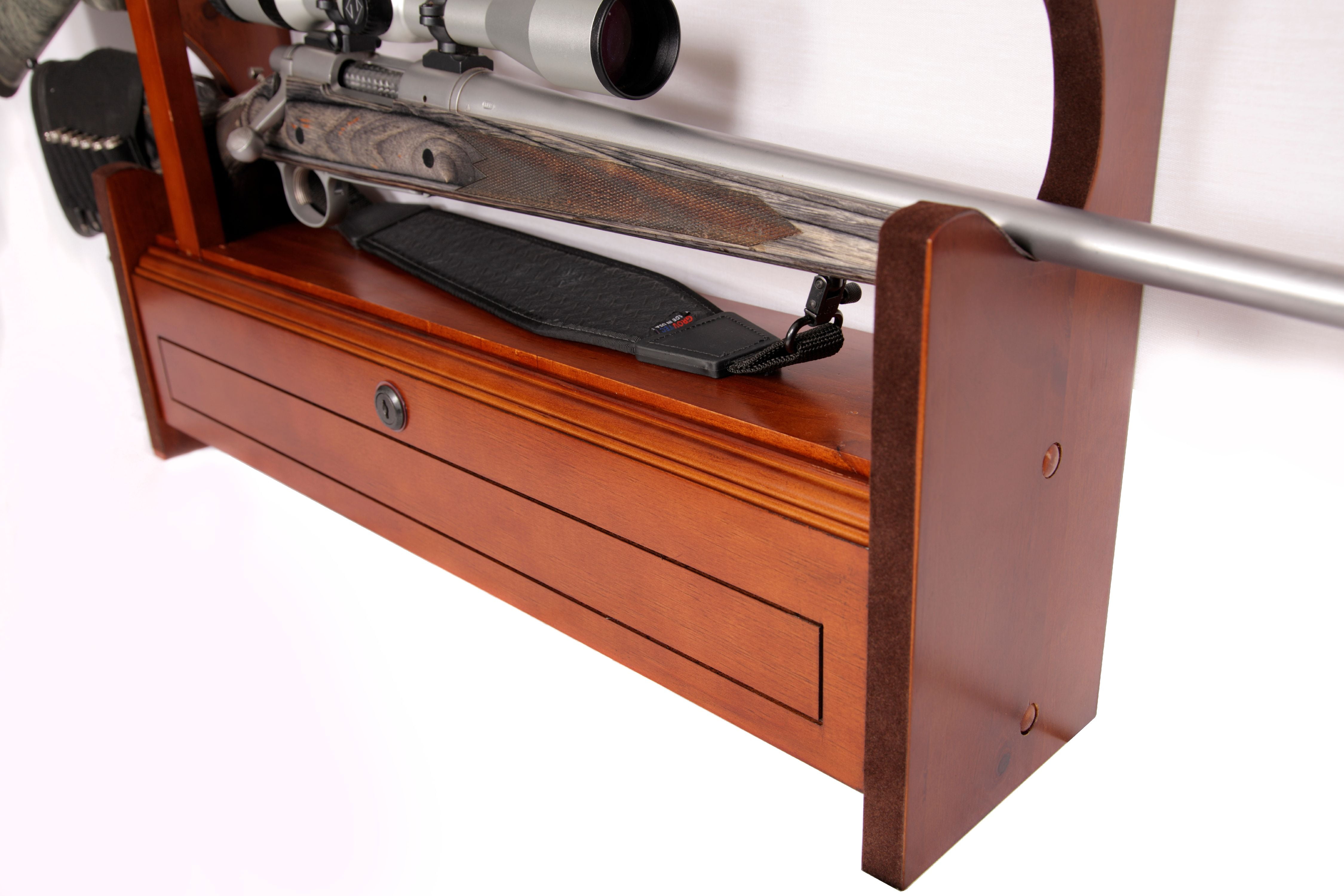 Gun Wall Rack Wood Cabinet Display Rifle Gun Locking Bar Ammo Storage Box Shoot 