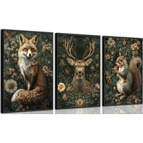 Dark Forest Animal Canva Wall Art Vintage Fox Deer Squirrel Painting Picture Wall Decor Victorian Gothic Botanical Flower Poster Print Artwork for Living Room Bedroom Home Decoration
