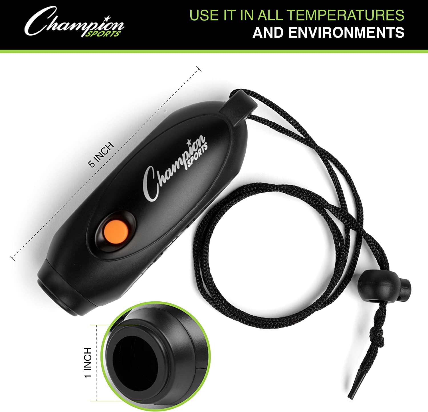 Champion Sports Electronic Hand Whistle, Three Tone-for Sports Coach, Referee, PE Teacher, Lifeguard, & Personal Use -Push Button, Handheld, Indoor and Outdoor, Adjustable Volume & Wrist Strap Black