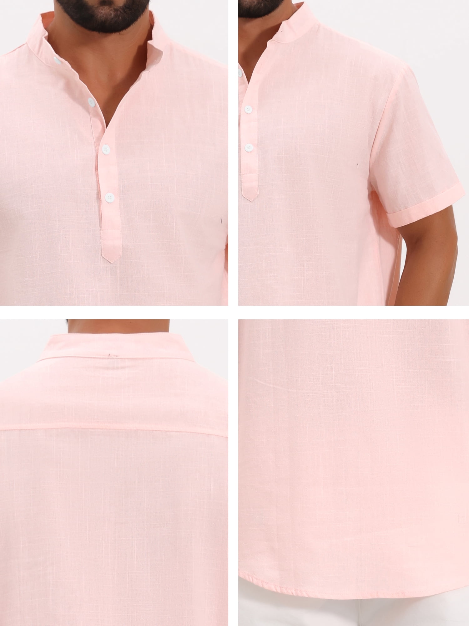 DARING DIVA Men's Solid Color Stand Collar Short Sleeve Henley Shirts XL Pink