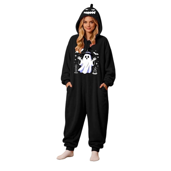 Matching Halloween Pumpkin Onesie Costume for Adults, Flannel Hooded Pumpkin Pajamas with Ghost Print, Halloween Pajamas for Women and Men, Ultra Soft Oversized Jumpsuit Loungewear for Trick or Treat