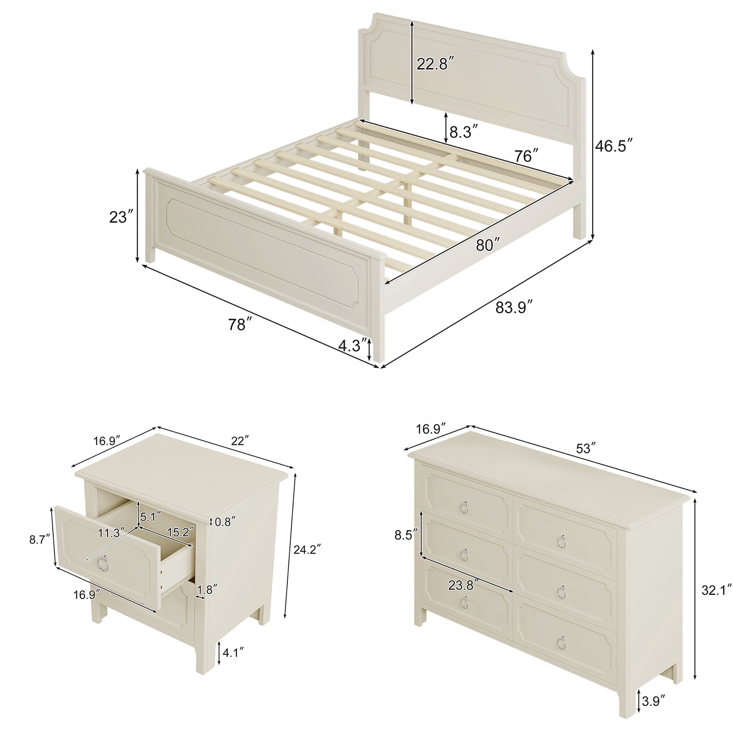 Kadyn 3-Pieces Bedroom Sets, King Size Canopy Daybed with Trundle with Nightstand and Dresser, Milky White Solid Rubber Wood Twin Kadyn 3-Pieces Bedroom Sets, King Size Canopy Daybed with Trundle with Nightstand and Dresser, Milky White Solid Rubber Wood Twin