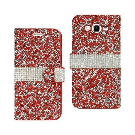 Reiko Bling Diamond Flip Leather Wallet Case for Samsung Galaxy Grand Prime - Red