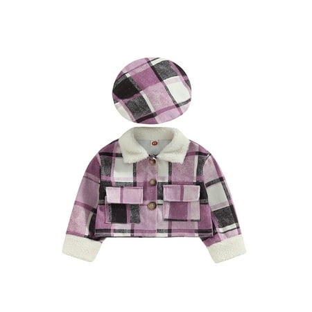 

Bmnmsl Kids Winter Plaid Jacket Warm Button Down Jackets Beret Hat