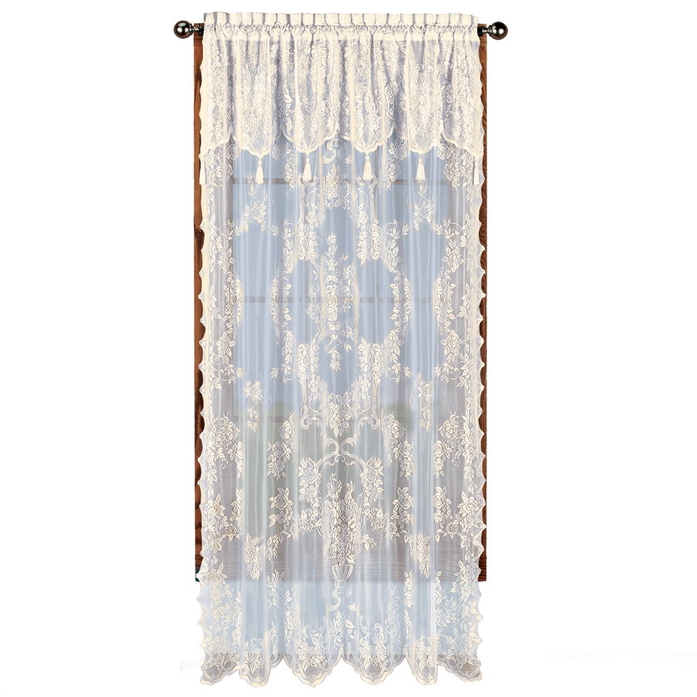 CARLY LACE CURTAIN PANEL WITH ATTACHED VALANCE WITH TASSELS, 84" LONG