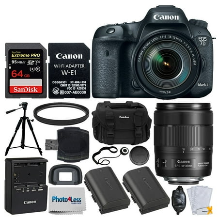 - Canon EOS 7D Mark II DSLR Camera Body with W-E1 Wi-Fi Adapter + EF-S 18-135mm f/3.5-5.6 IS USM Lens + 64GB Memory Card + Canon LP-E6N Battery + DC59 Camera Case + 67mm UV Filter + USB Card Reader