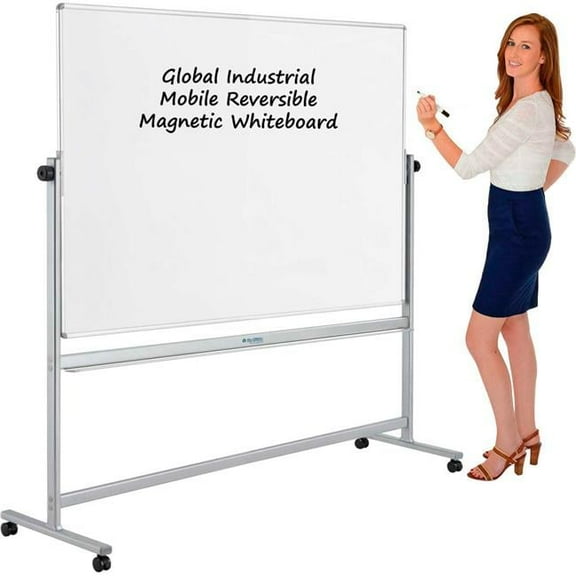 Global Industrial B444999P Porcelain Mobile Reversible Whiteboard with Silver Frame - 72 x 48 in.