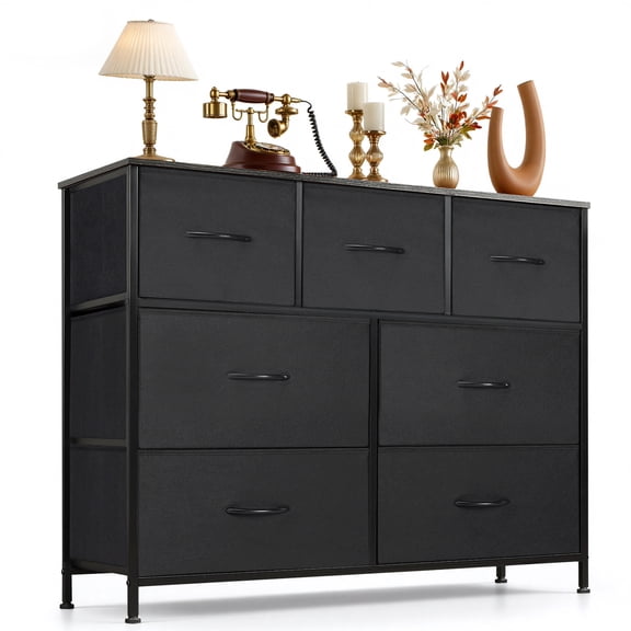 Casabay 7 Drawer Dresser Wide Chest of Drawers Storage Tower with Fabric Drawers and Wood Top for Bedroom Living Room Hallway, Black