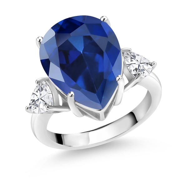 Gem Stone King 11.74 Cttw Blue Created Sapphire 3-Stone Ring for Women | 925 Silver | 16X12MM Pear Shape | 5MM Trillion | Three Stone Wedding Engagement Anniversary Promise Ring for Women | Size 8