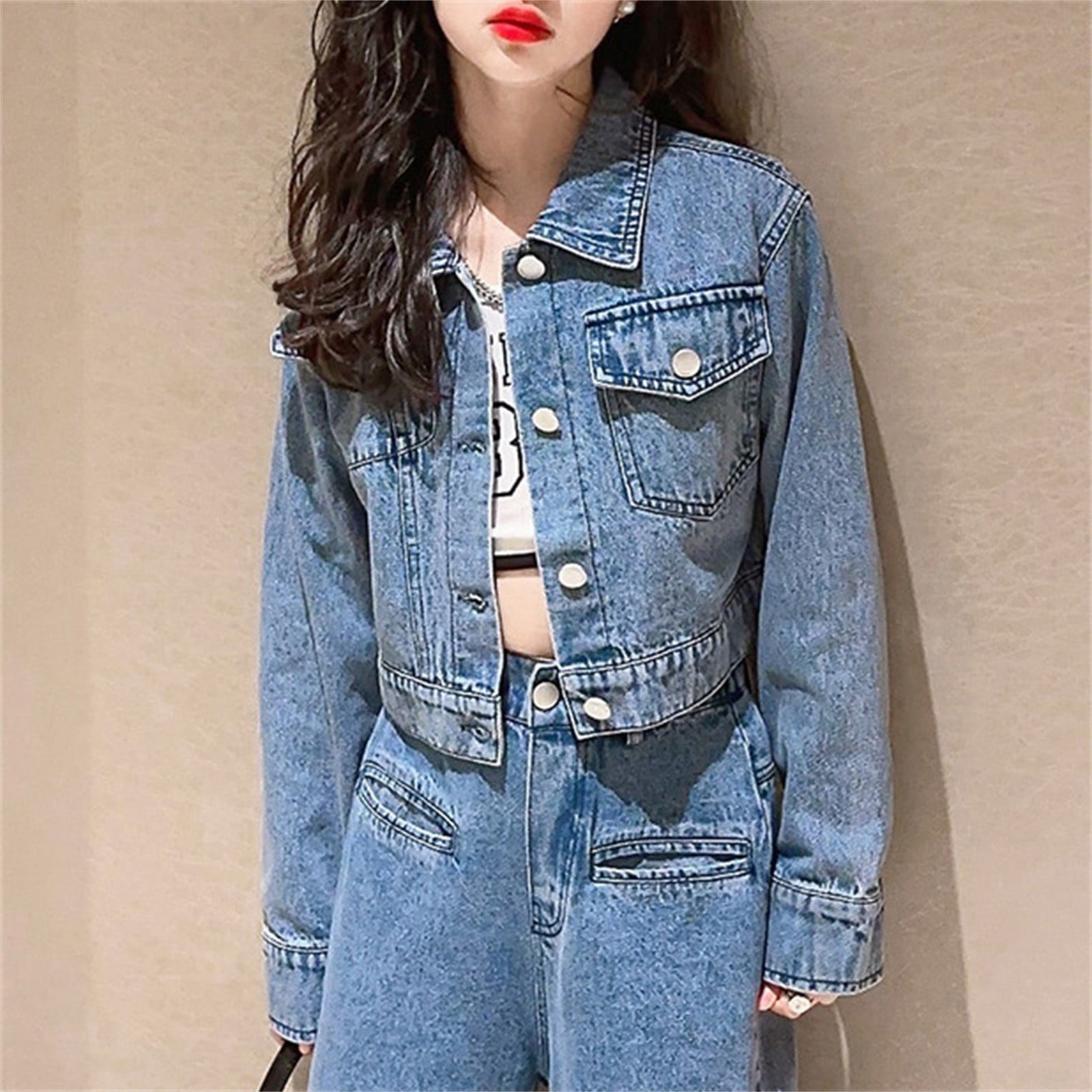 EnJoCho Teen Girls Crop Denim Jacket Solid Lapel Button Down Long Sleeve Windproof Casual Coat Pockets Outerwear Jean Jacket