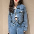 thumbnail image 5 of Mercatoo Teen Girls Crop Denim Jacket Solid Lapel Button Down Long Sleeve Outwear Windproof Casual Coat with Pockets, 5 of 8